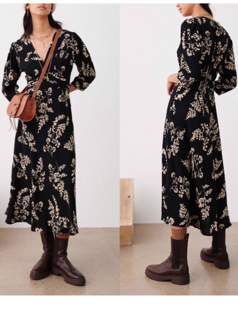 ba&sh Soa Midi Dress Size 3 US 8 Black Floral Twist Front V-Neck 3/4 Sleeve